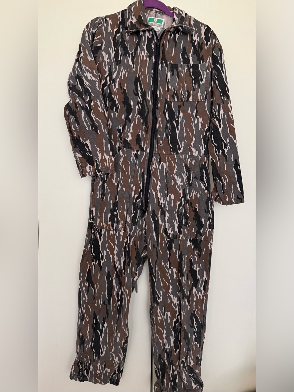 Vintage Woodland Camo Coverall Army Green Brown Zippered Jumpsuit M/L Boilersuit